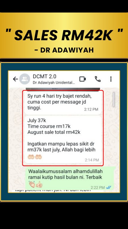 Tangkapan perbualan WhatsApp daripada Dr Adawiyah: Sales RM42K